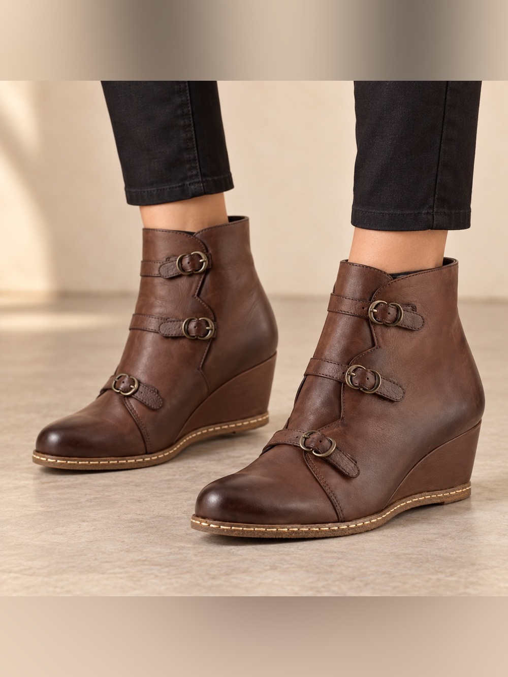 Franco Sarto Brown Leather Wedge Ankle Boots with Buckle Straps